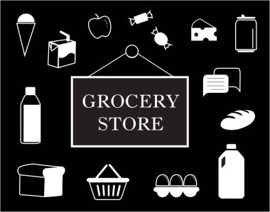 Market simgeleriyle çevrili siyah beyaz bir market tabelası. Vektör resim illüstrasyonu.