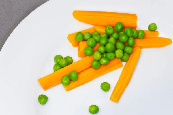 Carrot Peas Served White Plate Vegetarian Food Background — Stock Photo, Image