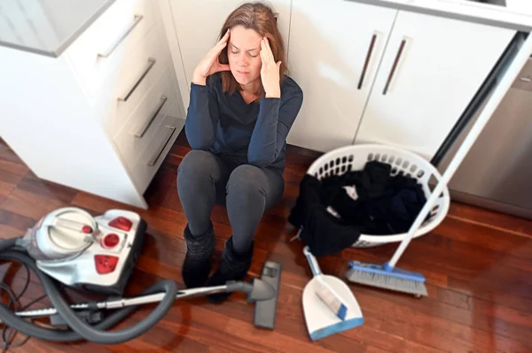 Aerial View Stressed Woman Age Overload Housework Sitting Kitchen Floor — Stock Photo, Image