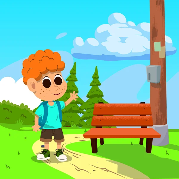 Ein Kleiner Junge Mit Roten Haaren Und Einem Rucksack Winkt — Stockvektor