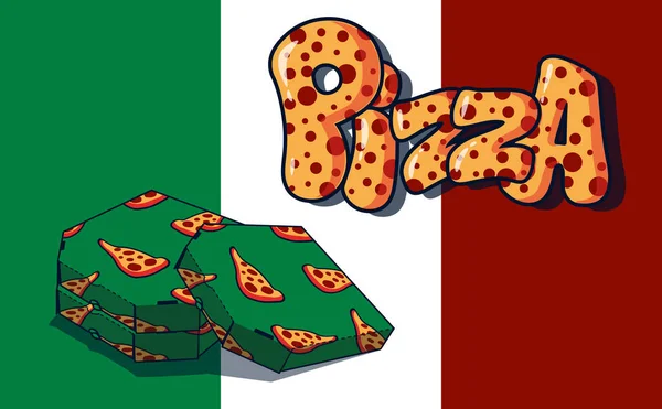 Pizzakartons Und Logo Auf Dem Hintergrund Der Italienischen Flagge Volumetrisches — Stockvektor