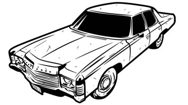 Mürekkep el çizimi bir resim. Eski ve güçlü bir araba. Beyaz bir arka planda izole edilmiş. Oto tamir atölyesi logosu ya da panosu.