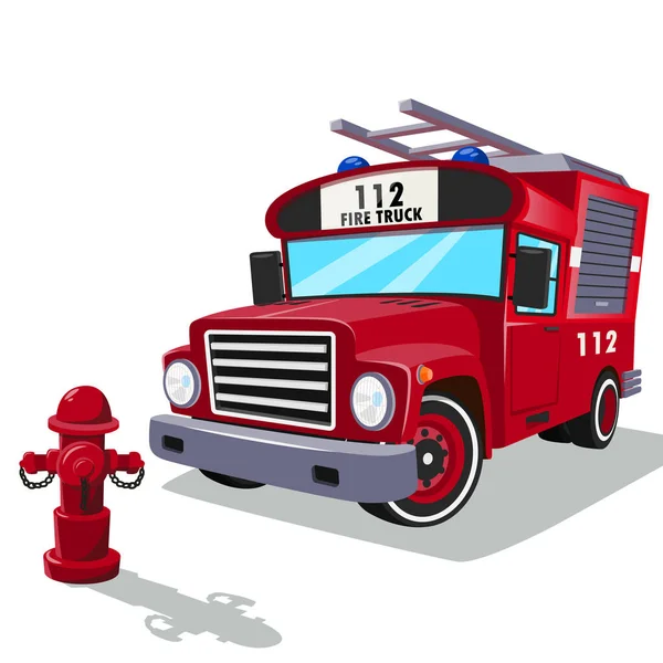 房顶上有梯子 前面有消防栓的消防车 卡通风格 心情很好亮红色的车 着火了 — 图库矢量图片