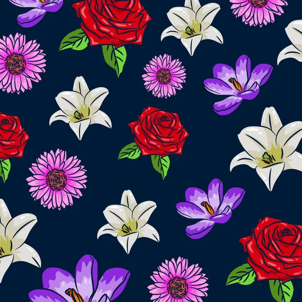 濃い青の背景に様々な花のパターン 4つの花のパターン 春の気分 カラフルな植物要素からの背景 — ストックベクタ