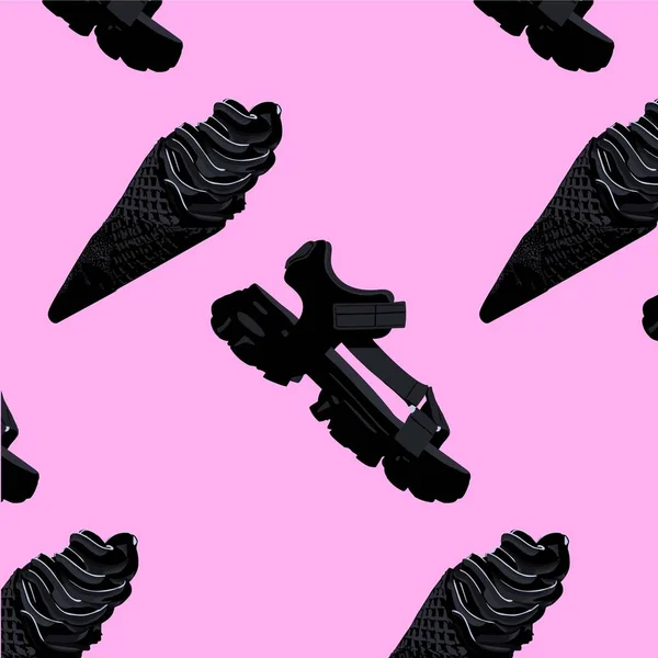 Fekete Cipő Fekete Jégkrém Rózsaszín Háttérrel Modern Stílus Ragyogó Minta — Stock Vector