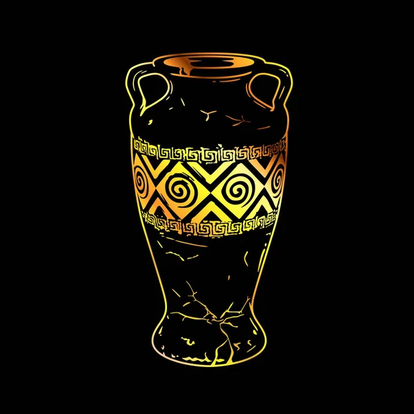 黑色底座上的一个金色轮廓的旧花瓶的图像 酒或水的古董壶 瓷砖像艺术一样的瓷砖 — 图库矢量图片