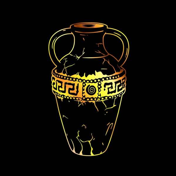 葡萄酒或水的古董花瓶或壶 黑色背景的碎陶瓷 一个金罐轮廓的时髦形象 黑色背景上的金陶瓷有一个地方可以登记 — 图库矢量图片