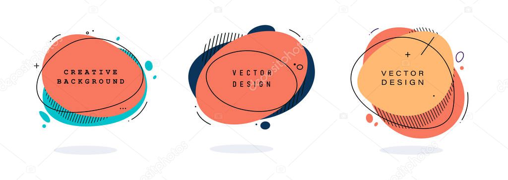 Set of modern abstract vector banners. Flat geometric shapes of different colors with black outline in memphis design style. Template ready for use in web or print design. Illustration