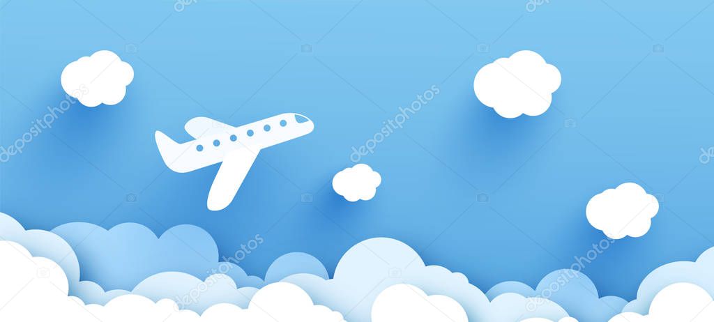 illustration of an plane over a cloud and sun and long shadow. Template. design paper art and handicraft. Vector illustration