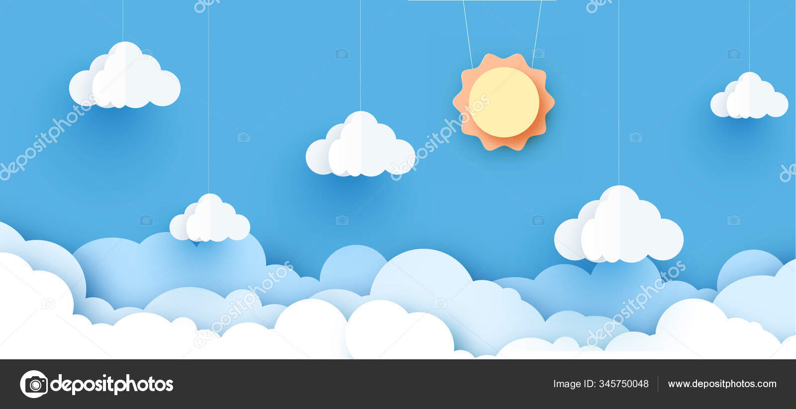 Vector sun with clouds  cut style. Cloudy paper cut art,  vector illustration. Volumetric cloudscape horizontal background. Banner  with 3d clouds on blue sky Stock Vector Image by  © #345750048