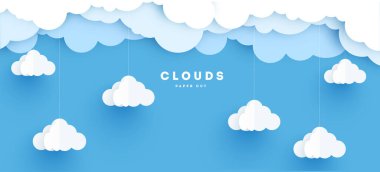 Cloudy paper cut art, vector illustration. Volumetric cloudscape horizontal background. Banner with 3d clouds on blue sky clipart
