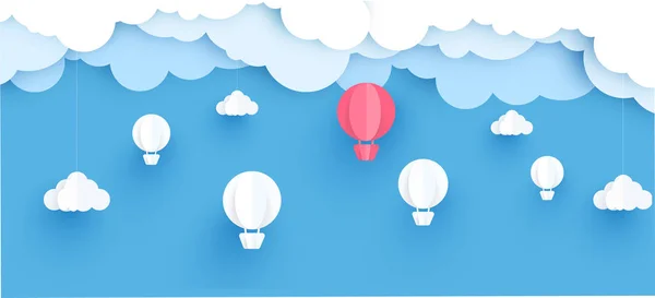 Heißluftballon Papier Kunststil mit Pastellhimmel Hintergrund Vektor Illustration. — Stockvektor