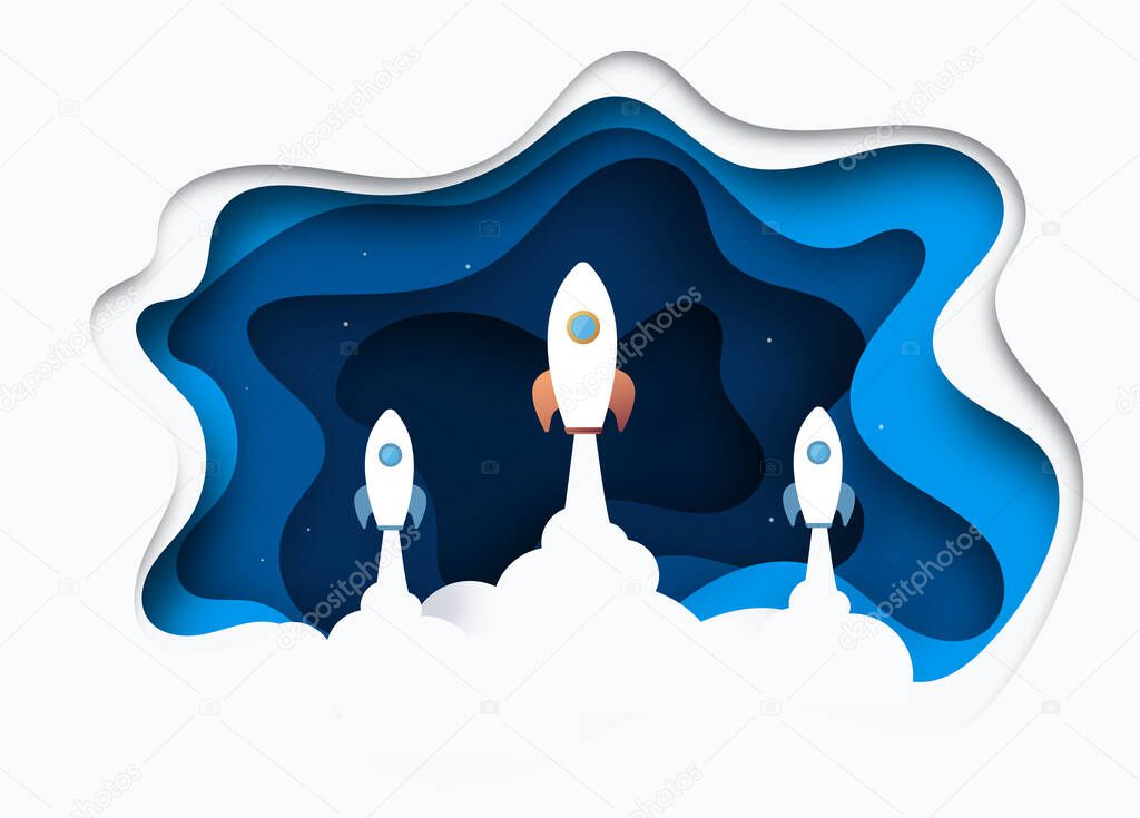 Paper art style of rocket flying over the earth, start up concept, flat-style vector illustration.