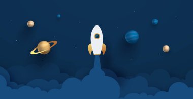 Konsepti başlat. Ay 'da uçan roket, kağıt kesiği