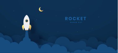 Ay 'a roket fırlatılması. Yıldızlı, aylı, roketli, bulutlu, dumanlı şirin bir arka plan. Uçan roket ile gece gökyüzü arka planı. Kağıt kesiği stili. Vektör İllüstrasyonu