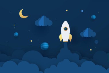 Dünyanın üzerinde uçan roketin kağıt sanatı tarzı, konsepti başlat, düz stil vektör çizimi.