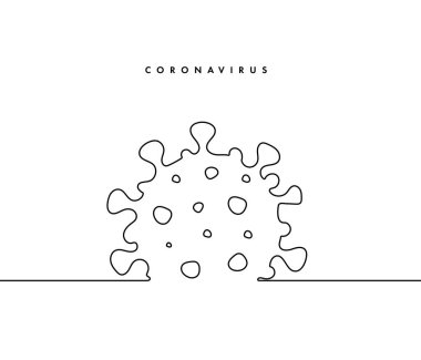 COVID-19 aralıksız çizgi sembolü. Kavram Coronavirus, virüs silueti, korona virüsü yazıtları beyaz arka plan, çizgi çizimi, vektör çizimi.