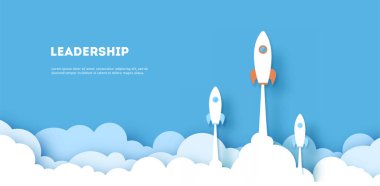 Yatay Roketler gökyüzündeki hedeflere ulaşmak için mavi arka plandaki başarı hedefine ulaşmak için yarışıyorlar. İş dünyası finansal konsepti. Liderlik. yaratıcı fikir. Çizim vektörü. Başla. kağıt sanatı