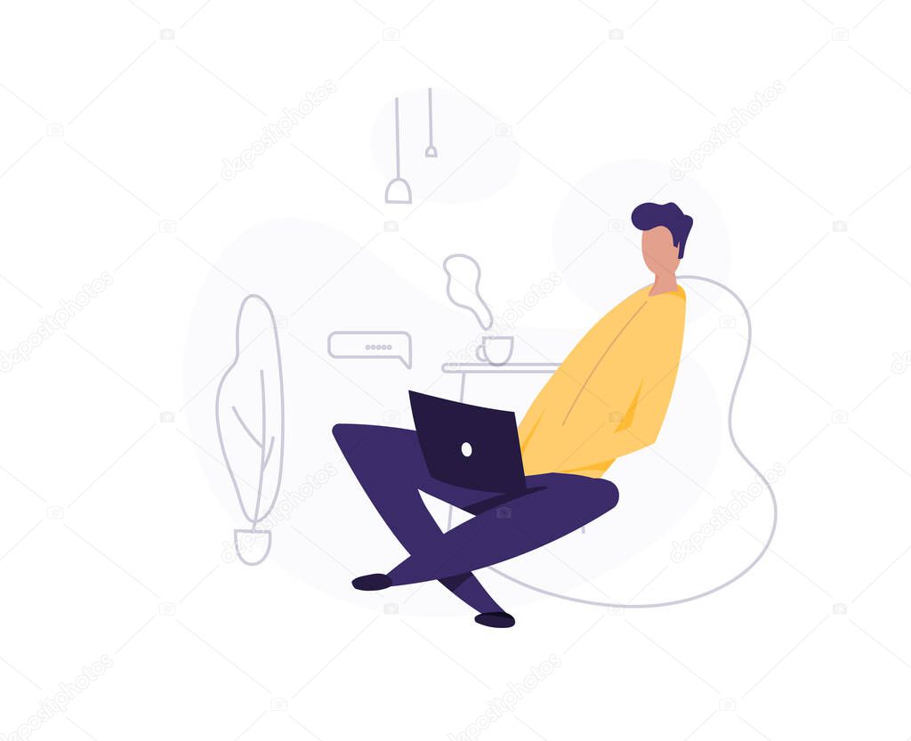 man use laptop. working at home. freelancer. young man, student vector illustration. isolated in white background. modern flat cartoon characters. self-isolation. quarantine