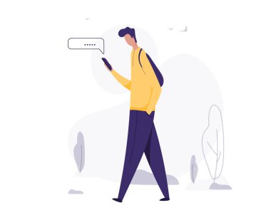 Adam akıllı telefon kullanıyor. Mesaj gönderiliyor. Genç adam akıllı telefonuyla yürüyor. düz dizayn. Vektör çizimi. Beyaz arka planda izole edilmiş. modern düz çizgi film karakterleri.