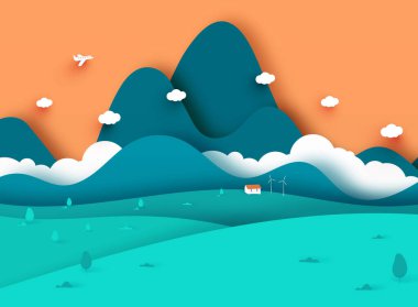 Peyzaj kağıdı stil ve doğa manzarasını ev ve dağlarla birlikte kağıt sanat tasarımı ile keser. Gün doğumu, gün batımı. Vektör illüstrasyonu.