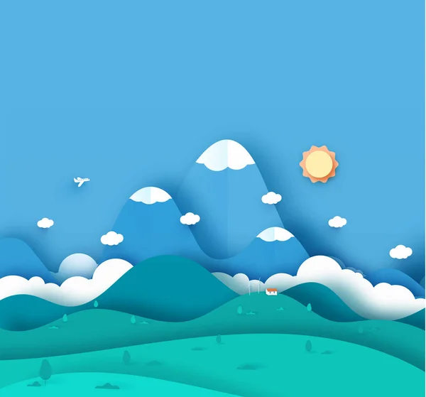 마운틴 페이퍼 컷은 파란 배경을 가지고 있다. 언덕, 구름, 태양, 비행기, 집, 나무가 있는 풍경. 오리가 미. 벡터 일러스트. — 스톡 벡터
