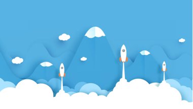 Bir sürü roketin dağların üzerinde süzüldüğü geniş bir manzara mavi arkaplandaki güzel bulutların üzerinde. İş konsepti. Liderlik konsepti. Kağıt kesim stili. vektör illüstrasyonu