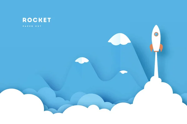 火箭在山上滑行,俯瞰着蓝色背景的美丽的云彩.商业概念。剪纸风格。矢量说明 — 图库矢量图片