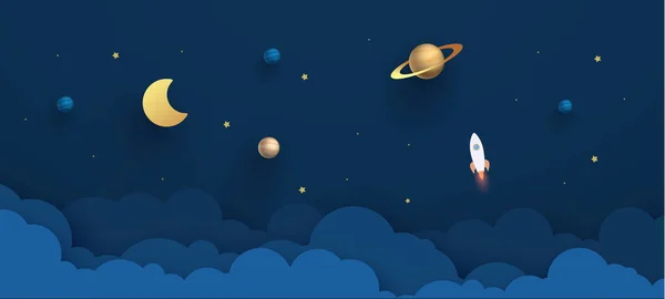 Natthimmel med planeter. Papperskonst stil raket flyger i rymden, start-up koncept, platt stil. Pappersklipp. vektor illustration. — Stock vektor