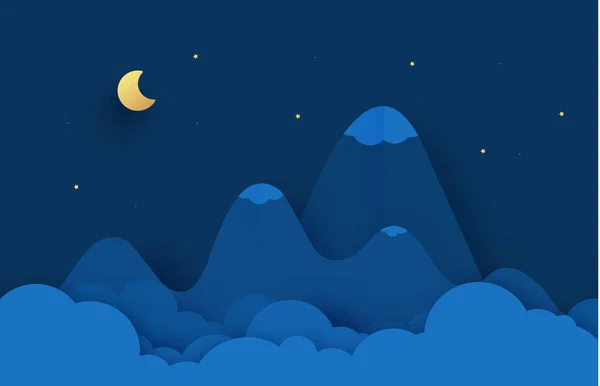산악 지형 종이자르기. 구름, 별, 달의 하늘. 추상적 인 환상의 배경. 혁신적 인 만화 종이접기 디자인 백그라운드 일러스트 — 스톡 벡터