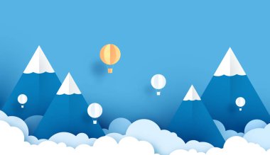 3 boyutlu kağıt sanatı ve balon beyazı gökyüzünde yüzüyor, seyahat eden balon. manzara karlı dağ.vektör çizimi