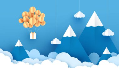 Mutlu Noeller ve Festival posteri için açık mavi arka planda balon beyazı ve hediye kutusu. Yaratıcı kağıt işçiliği ve Holiday sezonuyla kesilmiş. Vektör. İllüstrasyon