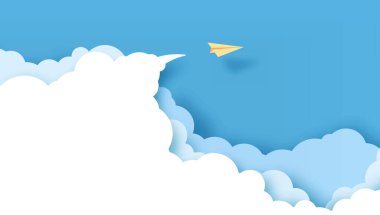 Mavi gökyüzünde uçan ve bulutlu sarı kağıt uçaklar. İş dünyasının başarısı ve yaratıcı liderlik kavramı. Vector illüstrasyon.
