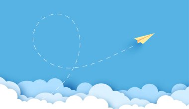 Sarı origami kağıttan uçak çizgisi üzerinde gökyüzünde bir döngü var. Beyaz bulutlar içinde okula dönüş metni. Düz dizayn. Mavi arka plan. Vektör illüstrasyonu.