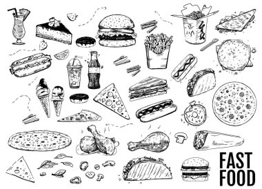 Fast food illüstrasyonuyla ayarlanmış. Çizim vektör çizimi. Fast food restoranı, fast food menüsü. Hamburger, sosisli sandviç, abur cubur, waffle, pizza, patates kızartması, dondurma, çörek, hamburger, sos.