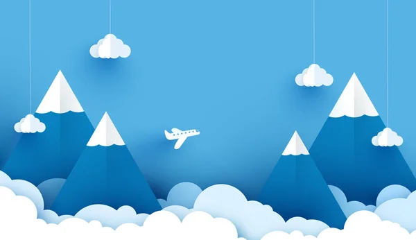 Illustration eines Flugzeugs über einer Wolke. Papierkunst und Kunsthandwerk gestalten. Papierkunst Origami-Berge mit Schnee, weiße, flauschige Wolken, blauer Himmel. Landschaft mit hohen Bergen. Vektorillustration — Stockvektor