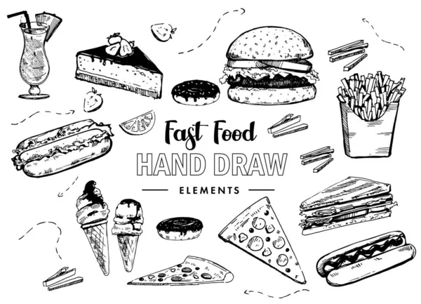 Set di fast food. Hamburger, pizza, hot dog. Illustrazioni disegnate a mano — Vettoriale Stock