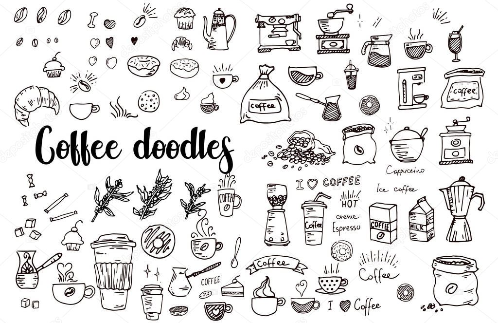 Set of doodles, hand drawn rough simple sketches, various kinds of coffee, ingredients and devices for coffee making. Vector isolated on white background for cafe menu, fliers, chalkboard