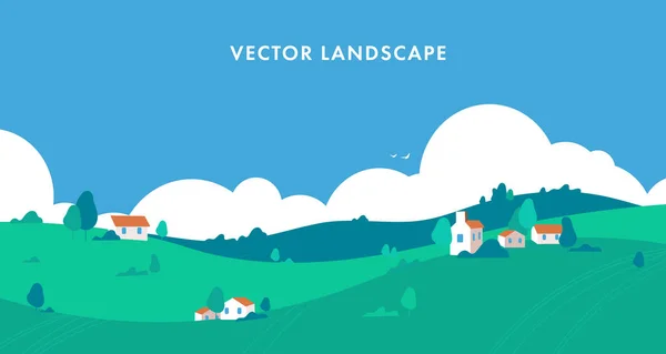 Panorama Mountain landscape with a dawn, an elongated format for the convenience of using it as a background. Flat style. With clouds, house and trees. vector illustration. — Stock Vector