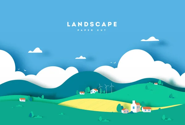 Színes hegyi és falusi papír vágott stílus háttér. Farm házzal, felhőkkel és fákkal. vektor illusztráció — Stock Vector