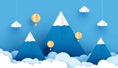 3D kağıt sanatı ve gökyüzünde süzülen balon beyazı, seyahat tatilli balon mavi arka planda süzülen balon, mutlu yıllar ve festival konsepti, manzara karlı dağ.