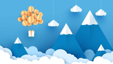 Havada süzülen beyaz balon ve gökyüzü arka planında Mutlu Noeller ve Festival posterleri için hediye paketi. Yaratıcı kağıt işçiliği ve Holiday Season.İllüstrasyon ile kesilmiş.