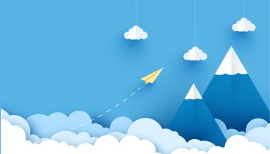 Havada süzülen beyaz balon ve gökyüzü arka planında Mutlu Noeller ve Festival posterleri için hediye paketi. Yaratıcı kağıt işçiliği ve Holiday Season.İllüstrasyon ile kesilmiş.