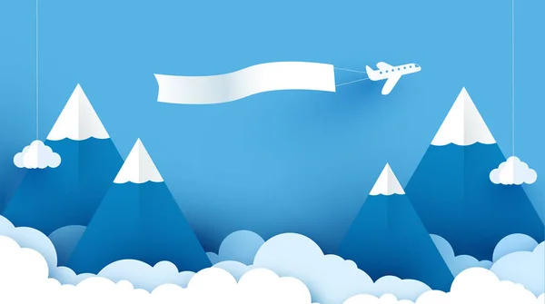 Avião com cartaz. Mensagem no avião. Arte de papel origami montanhas com neve, nuvens brancas fofas, céu azul. Paisagem com altas montanhas. Ilustração da paisagem natural e conceito de viagem . — Vetor de Stock