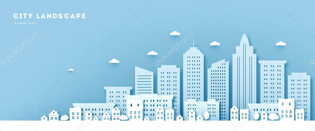 Cityscape in paper art style. Uraban Landscape paper cut with clouds and blue background. Scape. vector illustration.