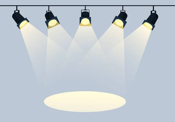 Flat spotlights med starkt vitt ljus lysande scenen vektor set. Upplyst effektprojektor, illustration av projektor för studiobelysning eps 10 — Stock vektor