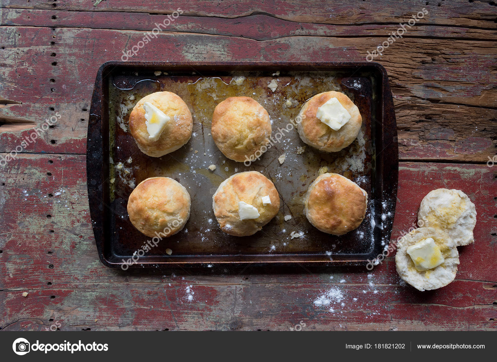 Country Biscuits Butter Baking Tray Rustic Setting Top View Stock Photo by ©LynneAnnMitchell