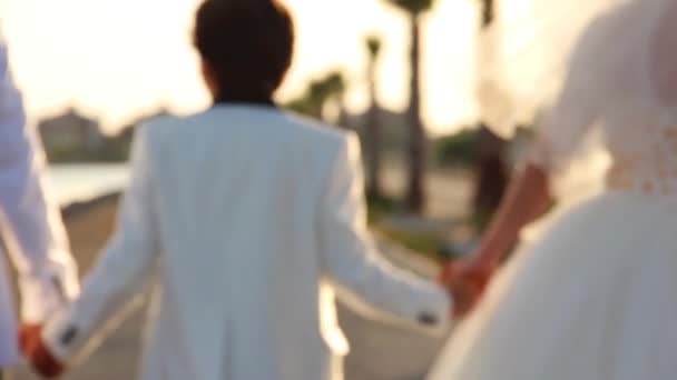 結婚式の日だ 結婚式の日に新郎新婦と子供たちが手を携えて夕日に向かって歩く — ストック動画