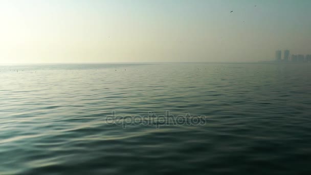 1920X1080 Fps Приятный Спокойный Вид Море Силуэт Города Заднем Видео — стоковое видео