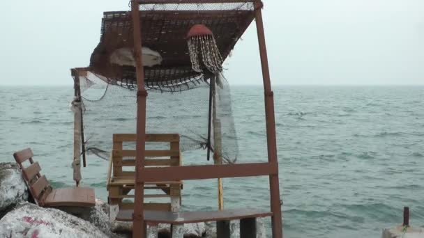 1920X1080 Very Nice Wooden Fisherman Building Shelter Fishing Net Looking — Stock Video